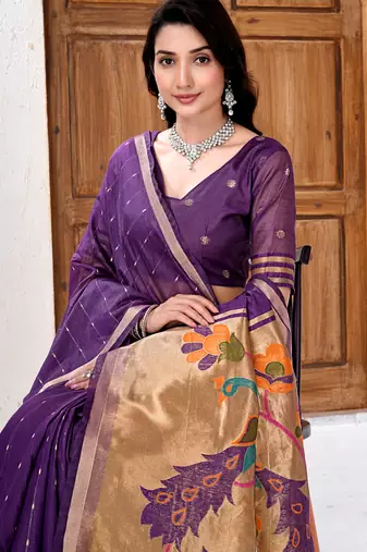 Womens elegant dark purple cotton silk saree with golden zari border and paithani inspired pallu with blouse