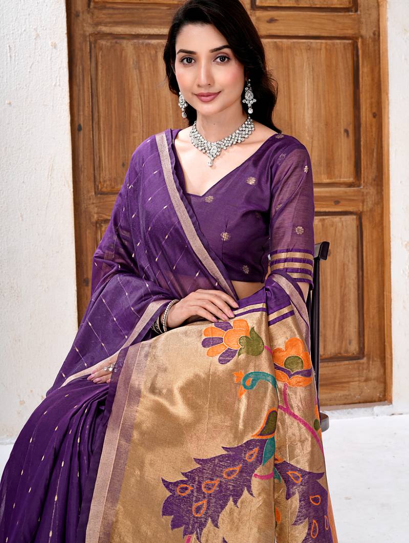 Womens elegant dark purple cotton silk saree with golden zari border and paithani inspired pallu with blouse