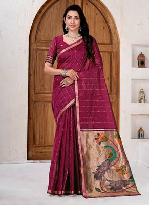 Womens elegant dark rani pink cotton silk saree with golden zari border and paithani inspired pallu with blouse 1