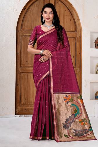 Womens elegant dark rani pink cotton silk saree with golden zari border and paithani inspired pallu with blouse