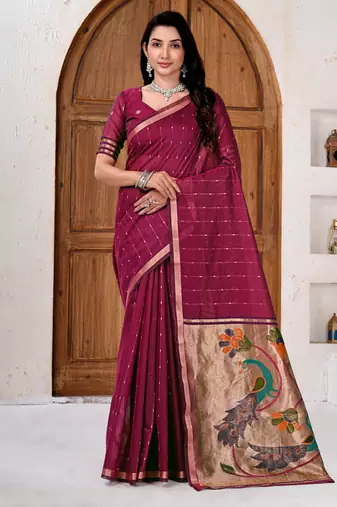 Womens elegant dark rani pink cotton silk saree with golden zari border and paithani inspired pallu with blouse