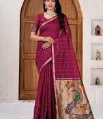 Womens elegant dark rani pink cotton silk saree with golden zari border and paithani inspired pallu with blouse