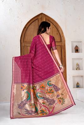 Womens elegant dark rani pink cotton silk saree with golden zari border and paithani inspired pallu with blouse 2