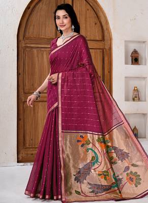 Womens elegant dark rani pink cotton silk saree with golden zari border and paithani inspired pallu with blouse 3