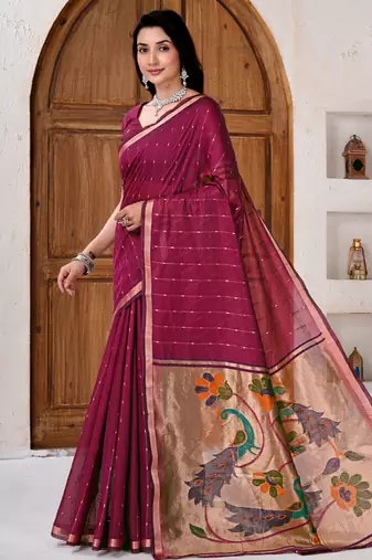 Womens elegant dark rani pink cotton silk saree with golden zari border and paithani inspired pallu with blouse