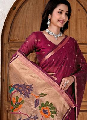 Womens elegant dark rani pink cotton silk saree with golden zari border and paithani inspired pallu with blouse 4