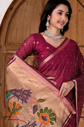 Womens elegant dark rani pink cotton silk saree with golden zari border and paithani inspired pallu with blouse