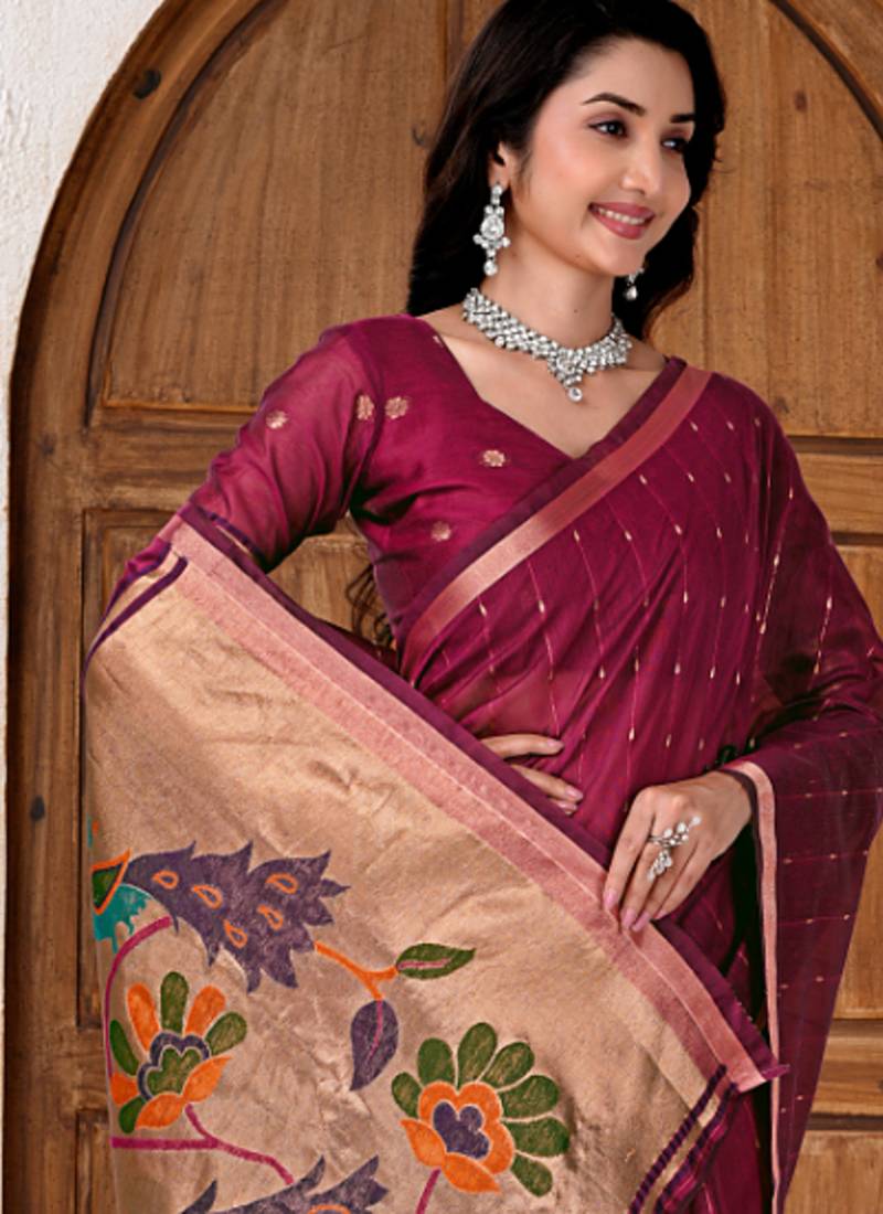 Womens elegant dark rani pink cotton silk saree with golden zari border and paithani inspired pallu with blouse