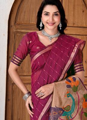 Womens elegant dark rani pink cotton silk saree with golden zari border and paithani inspired pallu with blouse 5