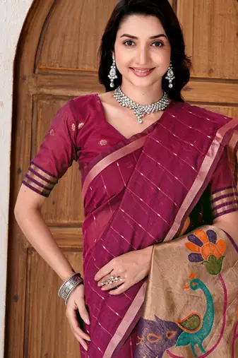 Womens elegant dark rani pink cotton silk saree with golden zari border and paithani inspired pallu with blouse