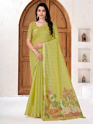 Womens elegant  parrot green cotton silk saree with golden zari border and paithani inspired pallu with blouse 1