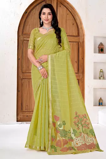 Womens elegant  parrot green cotton silk saree with golden zari border and paithani inspired pallu with blouse