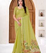 Womens elegant  parrot green cotton silk saree with golden zari border and paithani inspired pallu with blouse