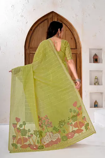 Womens elegant  parrot green cotton silk saree with golden zari border and paithani inspired pallu with blouse