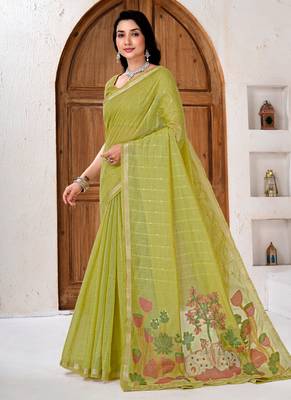 Womens elegant  parrot green cotton silk saree with golden zari border and paithani inspired pallu with blouse 3