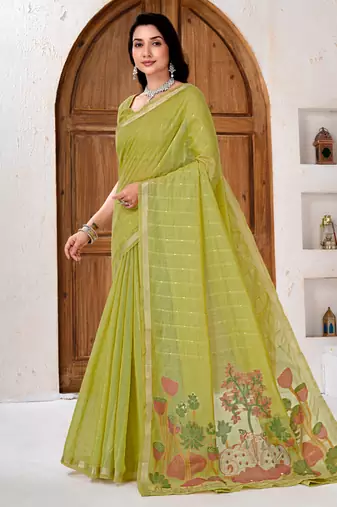 Womens elegant  parrot green cotton silk saree with golden zari border and paithani inspired pallu with blouse