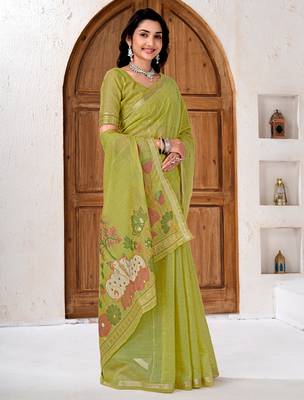 Womens elegant  parrot green cotton silk saree with golden zari border and paithani inspired pallu with blouse 4