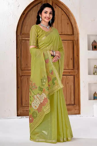 Womens elegant  parrot green cotton silk saree with golden zari border and paithani inspired pallu with blouse