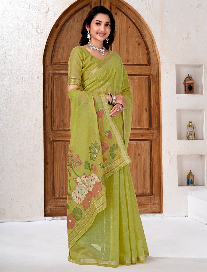 Womens elegant  parrot green cotton silk saree with golden zari border and paithani inspired pallu with blouse