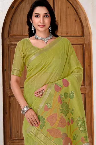 Womens elegant  parrot green cotton silk saree with golden zari border and paithani inspired pallu with blouse