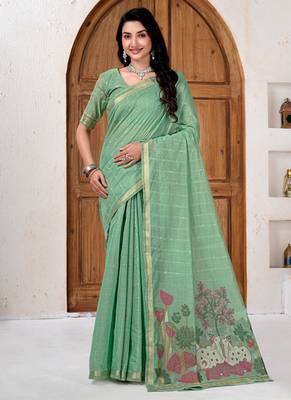 Womens elegant bottol green cotton silk saree with golden zari border and pallu with blouse 1