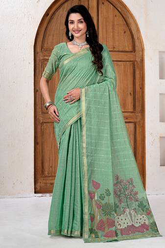 Womens elegant bottol green cotton silk saree with golden zari border and pallu with blouse