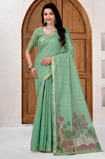Womens elegant bottol green cotton silk saree with golden zari border and pallu with blouse
