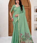 Womens elegant bottol green cotton silk saree with golden zari border and pallu with blouse