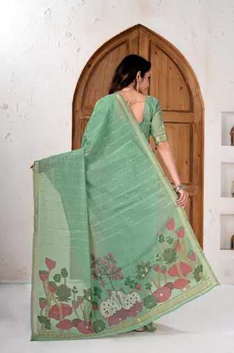 Womens elegant bottol green cotton silk saree with golden zari border and pallu with blouse