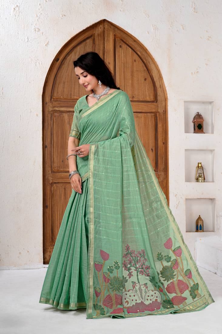 Womens elegant bottol green cotton silk saree with golden zari border and pallu with blouse