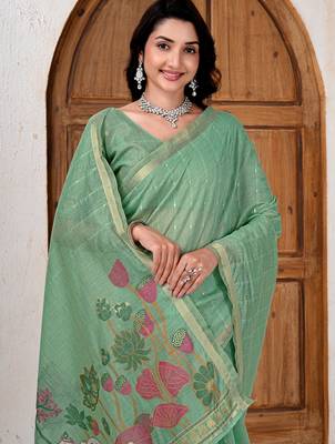 Womens elegant bottol green cotton silk saree with golden zari border and pallu with blouse 4