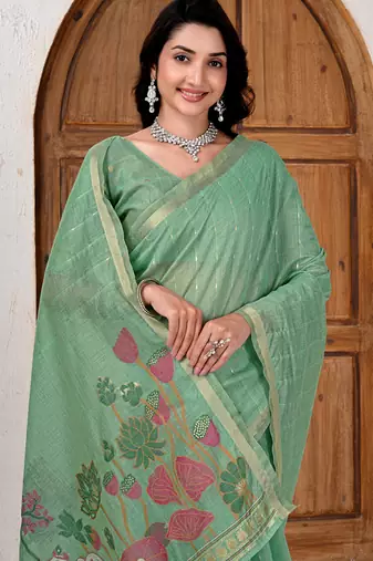 Womens elegant bottol green cotton silk saree with golden zari border and pallu with blouse