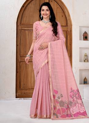 Womens elegant baby pink  cotton silk saree with golden zari border and  pallu with blouse 1