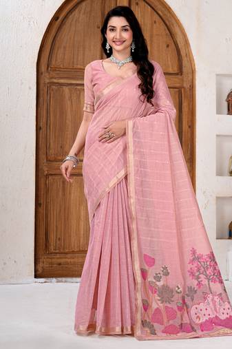 Womens elegant baby pink  cotton silk saree with golden zari border and  pallu with blouse