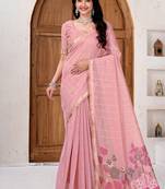 Womens elegant baby pink  cotton silk saree with golden zari border and  pallu with blouse