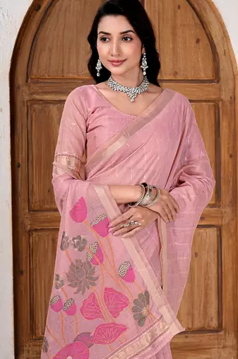 Womens elegant baby pink  cotton silk saree with golden zari border and  pallu with blouse