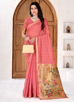 Womens elegant peach pink cotton silk saree with golden zari border and paithani inspired pallu 1