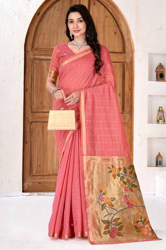 Womens elegant peach pink cotton silk saree with golden zari border and paithani inspired pallu