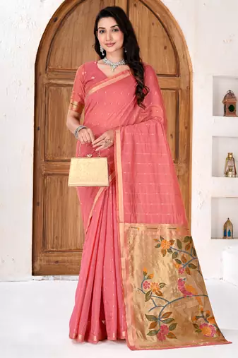 Womens elegant peach pink cotton silk saree with golden zari border and paithani inspired pallu