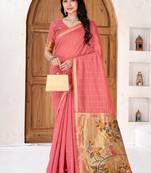 Womens elegant peach pink cotton silk saree with golden zari border and paithani inspired pallu