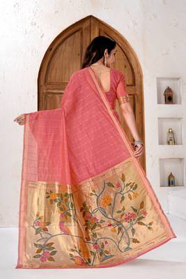 Womens elegant peach pink cotton silk saree with golden zari border and paithani inspired pallu 2