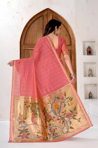 Womens elegant peach pink cotton silk saree with golden zari border and paithani inspired pallu