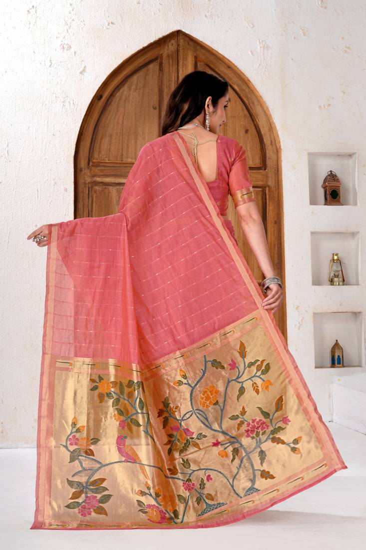 Womens elegant peach pink cotton silk saree with golden zari border and paithani inspired pallu