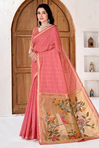 Womens elegant peach pink cotton silk saree with golden zari border and paithani inspired pallu