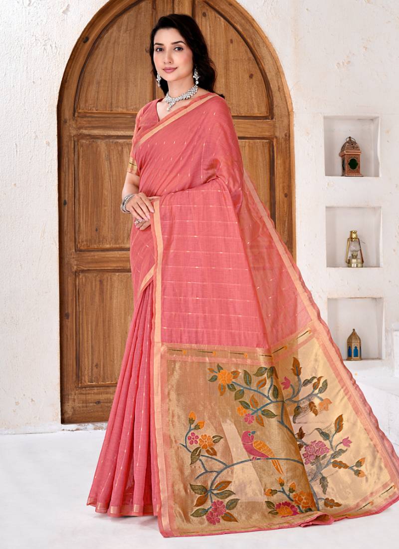 Womens elegant peach pink cotton silk saree with golden zari border and paithani inspired pallu