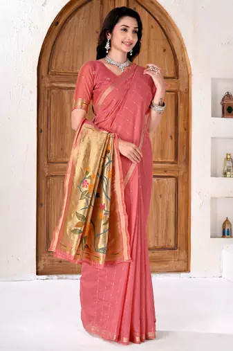 Womens elegant peach pink cotton silk saree with golden zari border and paithani inspired pallu