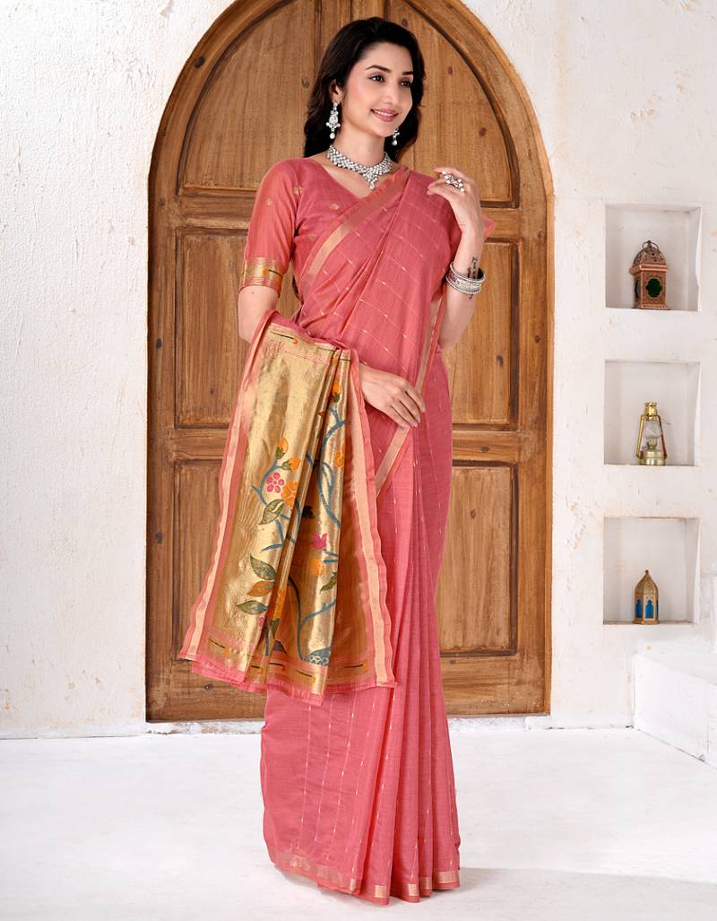Womens elegant peach pink cotton silk saree with golden zari border and paithani inspired pallu