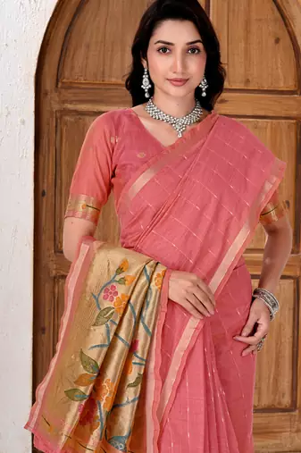 Womens elegant peach pink cotton silk saree with golden zari border and paithani inspired pallu