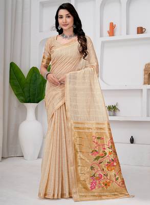 Womens elegant cotton silk saree with golden zari border and paithani inspired pallu with blouse 1