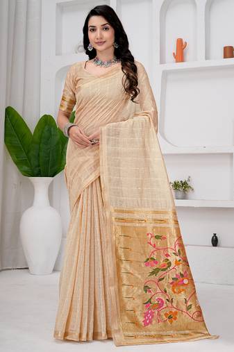 Womens elegant cotton silk saree with golden zari border and paithani inspired pallu with blouse